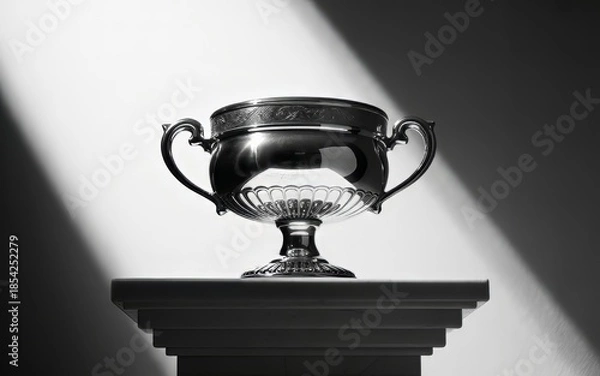 Obraz A shiny silver trophy cup on a pedestal with dramatic lighting effects