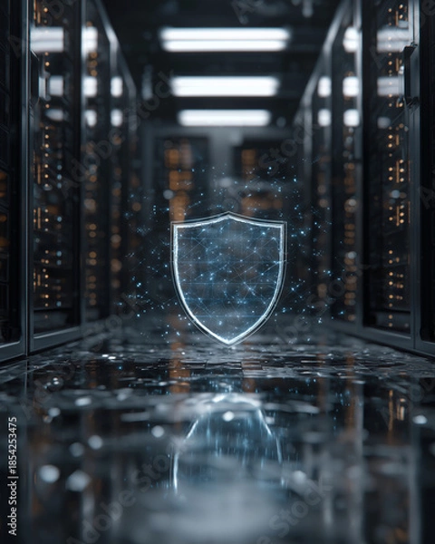 Obraz A computer server room with a blue shield on the floor