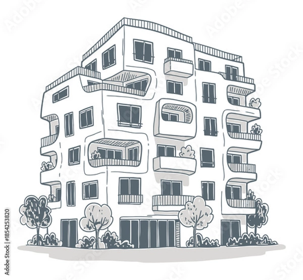 Fototapeta Modern Apartment Building Hand-Drawn Vector Illustration, Playful Sketch Style with Organic Shapes on White Background