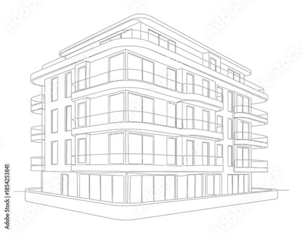 Fototapeta Modern Minimalist Apartment Building Continuous Line Art Illustration, Single Line Drawing Architecture Design on White Background