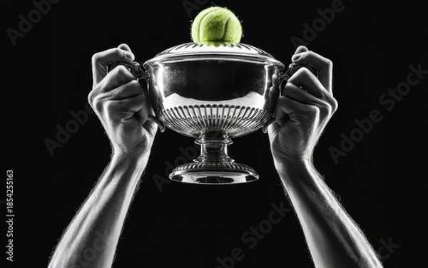 Obraz Person holding a trophy cup with a tennis ball on top in a victorious gesture