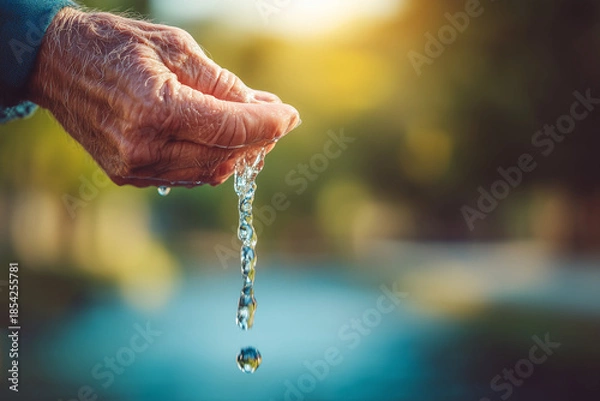 Obraz Water conservation concept, hand saving dropping water, resource protection