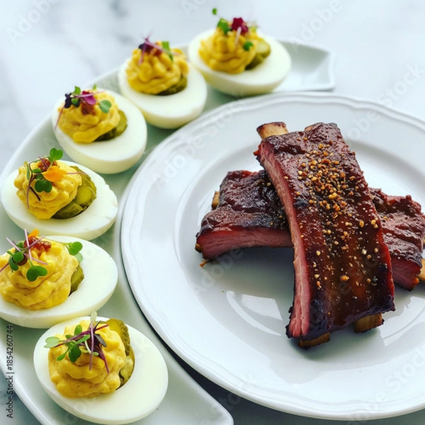 Obraz Deviled Ostrich Egg, Smoked Dog Ribs & Crispy Rye Bread