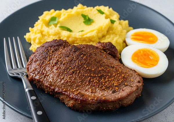 Obraz Roasted Goat Steak, Mashed Yam & Boiled Chicken Egg