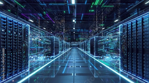 Obraz Modern data center facility showcasing advanced digital infrastructure for cloud computing, data storage, and network security. Represents high-performance technology, big data processing, artificial 
