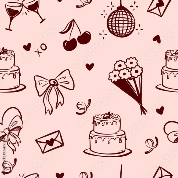 Obraz Hand drawn seamless Valentines Day pattern. Doodle style elements on soft pink background. Vector illustration. 