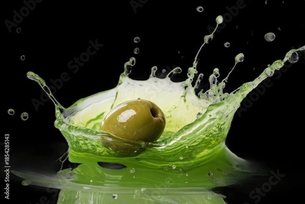 Obraz Olive Drops Into Green Liquid Creating Splash on Dark Background