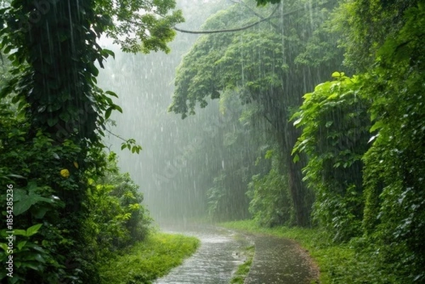 Obraz Rain Falls on a Winding Path Through a Green Forest During Daytime
