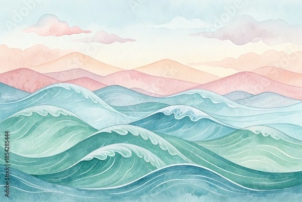 Obraz Waves and Mountains Under a Cloudy Sky at Dawn or Dusk