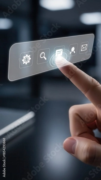 Obraz Index finger tapping virtual interface illustrating click action for applications