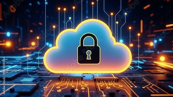 Fototapeta Cloud storage with secure lock on circuit board background computer security