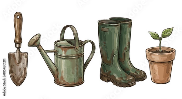 Obraz Gardening tools and accessories, including boots and a seedling, arranged neatly on a white background