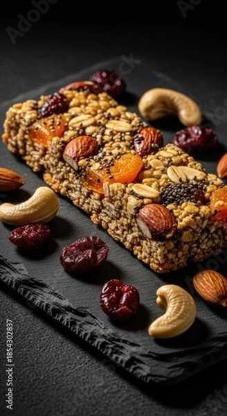 Fototapeta Healthy energy bar packed with almonds, cashews, dried cranberries, and seeds, presented on a dark slate surface, offering a wholesome and delicious snack option for active lifestyles.