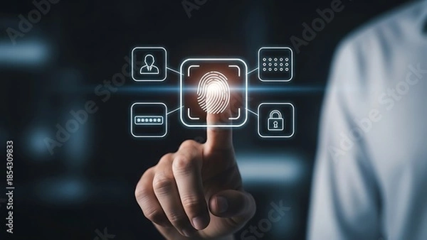 Obraz Hand pressing fingerprint scanner with security