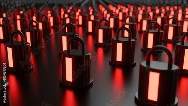 Obraz Multiple red glowing padlocks on a dark surface metal