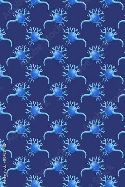Fototapeta 3D neuron cell pattern on deep blue background, brain nerve network with dendrites for medical neuroscience illustration