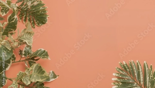 Obraz Verdant Foliage Arrangement on a Soft Peach Backdrop, Minimalist Floral Composition.