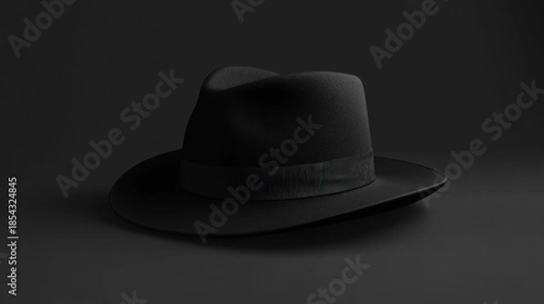 Obraz A black hat is placed on a dark surface, viewed from a slightly elevated angle, with a subtle shadow cast to the side.