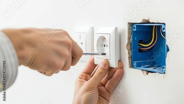 Obraz Electrical outlet installation with screwdriver