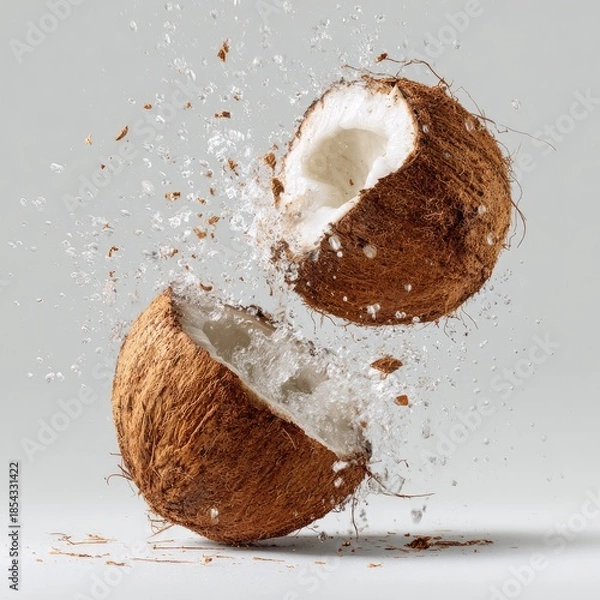 Fototapeta Coconut split open with flying bits against a light grey background
