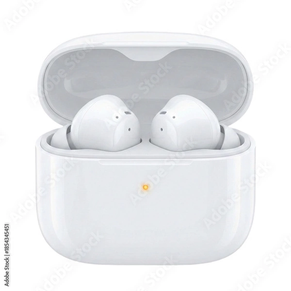 Obraz White wireless earbuds in charging case, transparent background