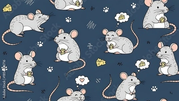 Obraz Cute Cartoon Mouse with Cheese Seamless Pattern on Dark Background