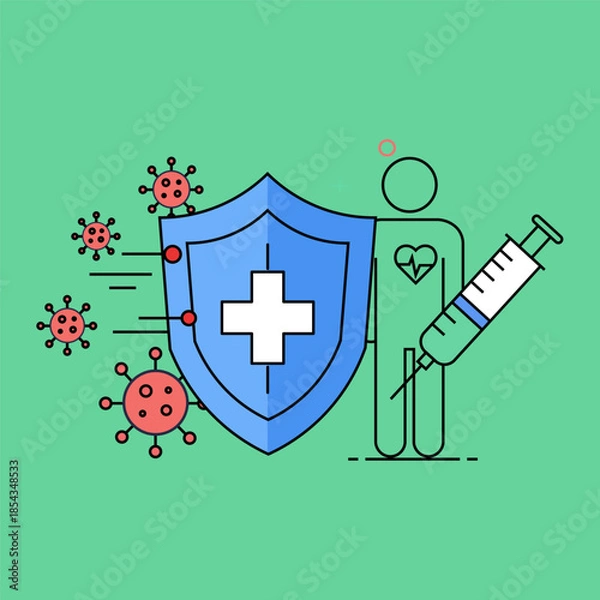 Obraz Medical shield protects person from viruses, with syringe symbolizing vaccination and health