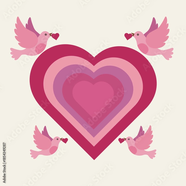 Obraz Four pink doves carrying hearts fly around a large pink heart on a light background