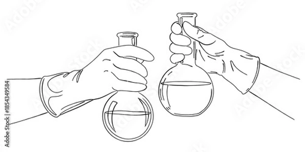 Obraz フラスコを持つ研究者の手元の線画｜実験・化学・医療イメージ