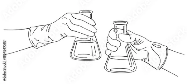 Obraz ビーカーを持つ研究者の手元の線画｜実験・化学・医療イメージ