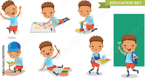 Fototapeta Kindergarten children of Education set. Jumping, drawing, playing, planting trees, playing xylophone, holding food tray, backpacking. Student activity concept. character design.Vector illustrations