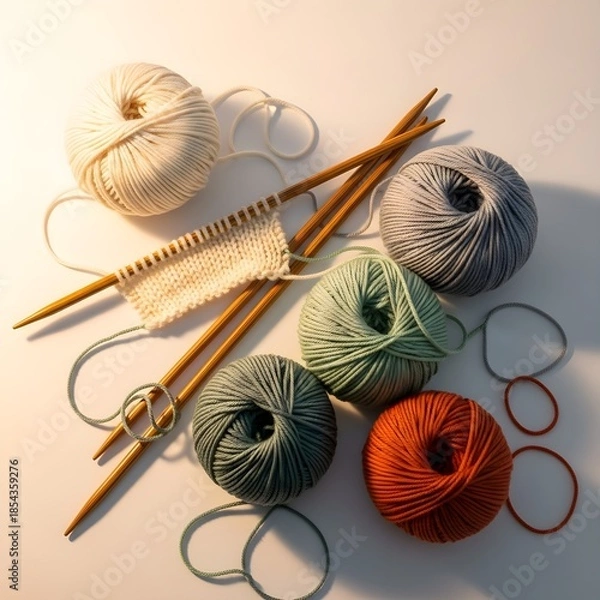 Obraz Knitting Supplies Flat Lay with Colorful Yarn