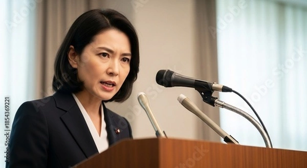Obraz 日本人女性のリーダー像：信念を持って記者会見に臨む真剣な表情