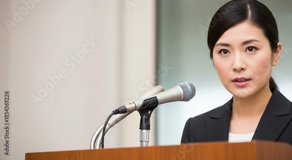Obraz 日本人女性のリーダー像：信念を持って記者会見に臨む真剣な表情