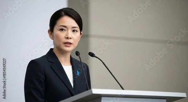 Obraz 日本人女性のリーダー像：信念を持って記者会見に臨む真剣な表情