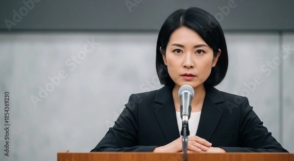 Obraz 日本人女性のリーダー像：信念を持って記者会見に臨む真剣な表情