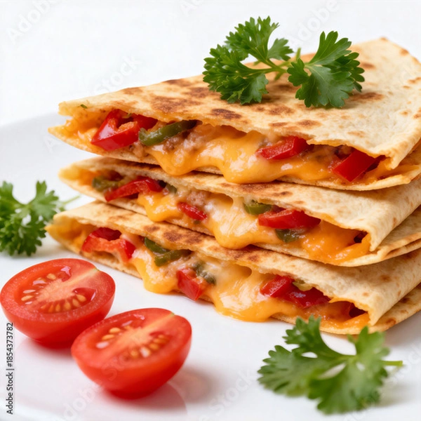 Fototapeta Stacked crispy quesadillas with melted cheese and colorful vegetables, garnished with fresh parsley. Served with halved cherry tomatoes for a vibrant, appetizing presentation.