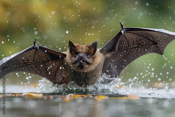 Obraz Brown Bat Emerging from Water, Splashing, Closeup