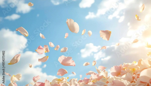 Obraz 青空に舞う桜の花びら 春のやさしいフローラル背景