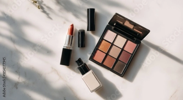 Obraz Cosmetics arranged on white marble surface with dramatic shadows.