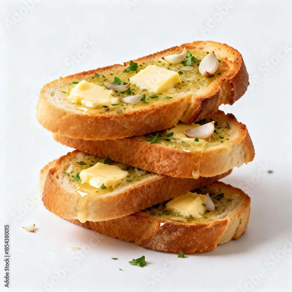 Fototapeta Stacked crispy garlic butter toasts with parsley garnish, fresh and buttery, ideal for snacks or breakfast. Vibrant, warm tones highlight the savory, aromatic dish.