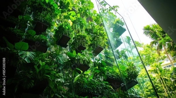 Obraz Lush greenery cascading down a glass building facade.