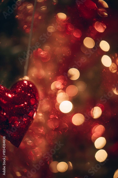 Obraz クリスマスと年末年始に使える赤いイルミネーションボケ背景縦構図. 生成AI