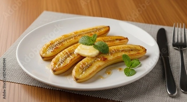 Obraz 焼きバナナのバター添え：ミントが香る上品な温かいデザートのクローズアップ