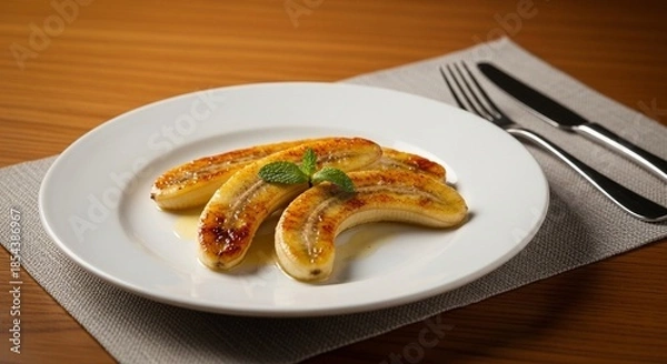 Obraz 焼きバナナのバター添え：ミントが香る上品な温かいデザートのクローズアップ