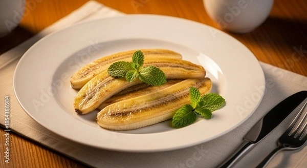 Obraz 焼きバナナのバター添え：ミントが香る上品な温かいデザートのクローズアップ