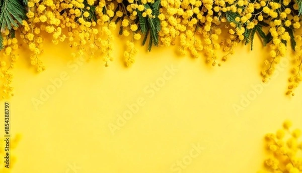 Fototapeta 淡い黄色背景とミモザの花の春フレーム