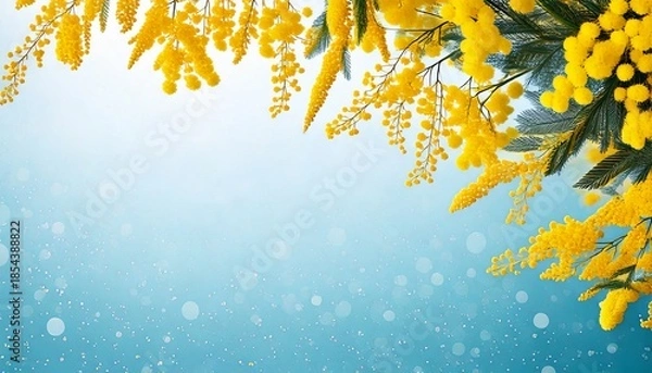 Fototapeta 淡い水色のキラキラ背景と黄色いミモザの花の春フレーム