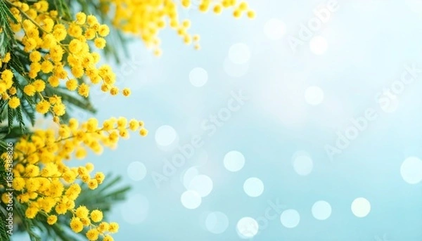 Fototapeta 淡い水色のキラキラ背景と黄色いミモザの花の春フレーム