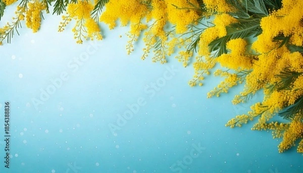 Fototapeta 淡い水色のキラキラ背景と黄色いミモザの花の春フレーム